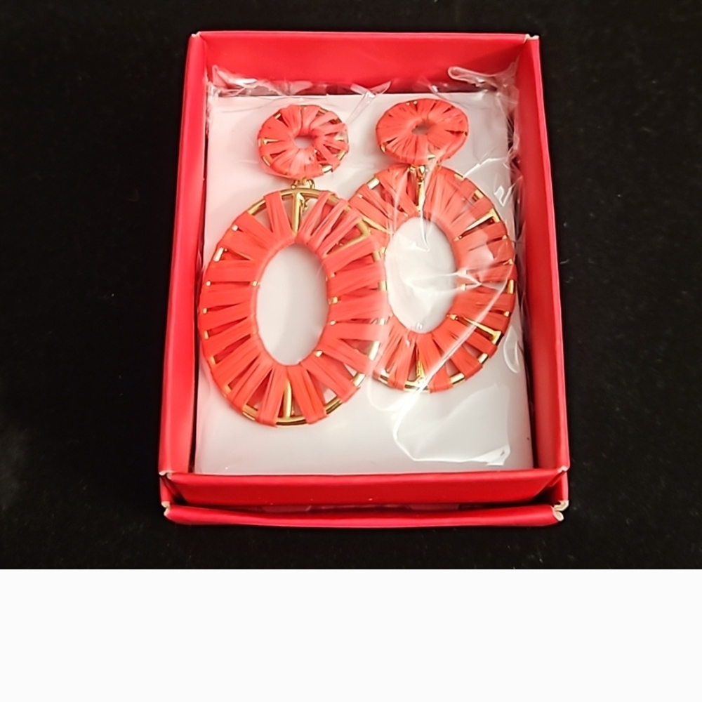 3 For $15 Statement Woven Raffia Earrings Post Backs Woven Set in Goldtone2" L.